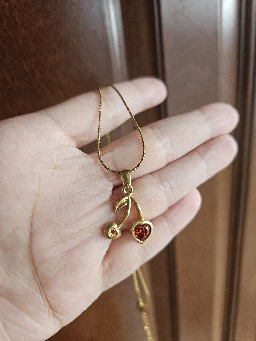 Gold Plated Cherry Pendant Necklace with Red Crystal Accent